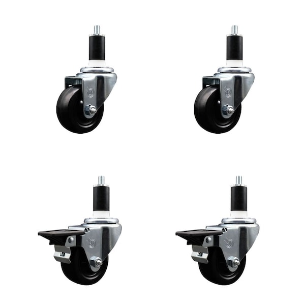 3'' Hard Rubber Wheel Swivel 1-3/8'' Expand Stem Caster Set 2 Brakes, 4PK